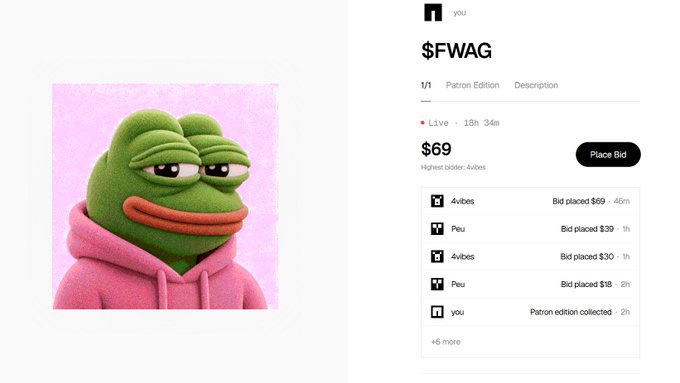 Screenshot of an NFT listing titled '$FWAG' showing a green Pepe-like character in a pink hoodie, currently at $69 with a 'Place Bid' button and bidding history from users 4vibes and Peu.