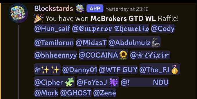 A Discord message from Blockstars APP announcing winners of the McBrokers GTD WL Raffle, listing tagged users like @Hun_saif, @Emperor, @Themelio, and others.