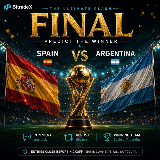 A BitradeX promotional graphic features "THE ULTIMATE CLASH - FINAL - PREDICT THE WINNER" between Spain and Argentina, displaying both countries' flags flanking a golden championship trophy on a stadium pitch, with instructions to "COMMENT your pick," "REPOST this post," and select the "WINNING TEAM Spain or Argentina," noting "ENTRIES CLOSE BEFORE KICKOFF. EDITED COMMENTS WILL NOT COUNT."