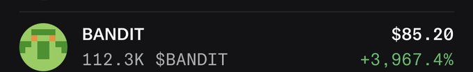 A cryptocurrency price ticker showing "BANDIT" with the ticker $BANDIT, priced at $85.20 with a gain of +3,967.4% in green text.