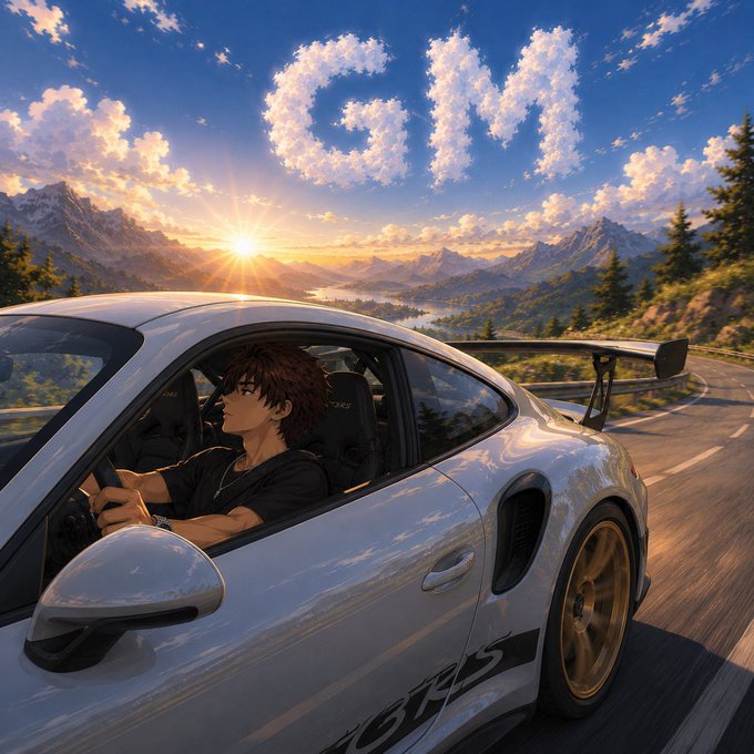 An anime-style illustration of a young man driving a white Porsche GT3 RS at sunset, with a scenic mountain and lake landscape in the background and cloud-lettered 'GT3' in the sky.