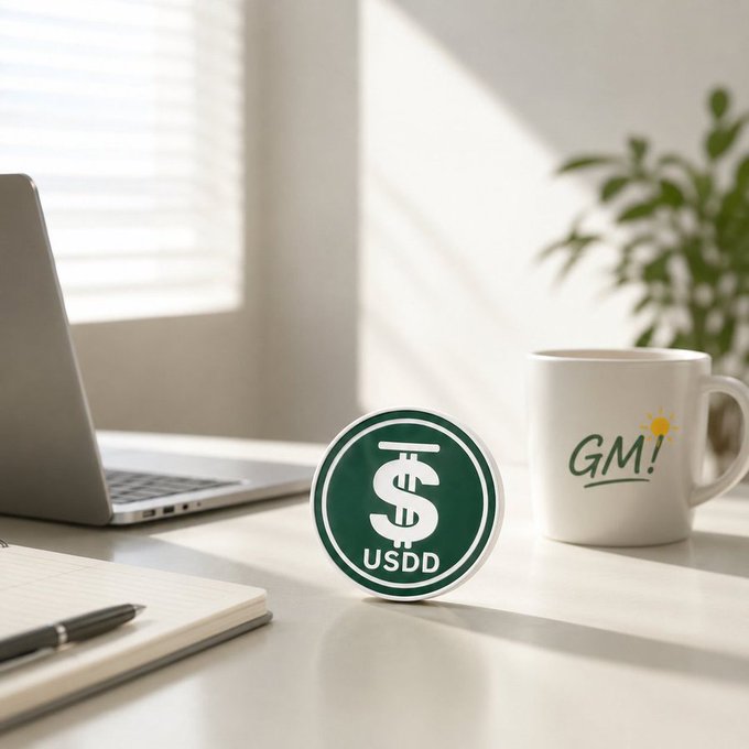 A laptop sits on a bright white desk next to a coffee mug that reads "GM!" and a green circular sticker displaying a dollar sign with "USDD" beneath it. The cozy, sunlit workspace visually reinforces the post's message about using USDD to enhance efficient decentralized trading.
