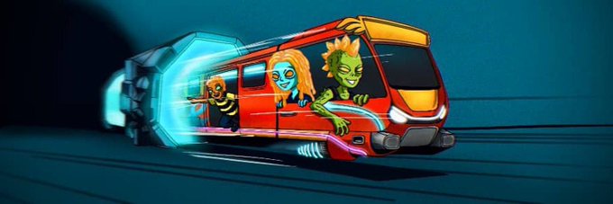 Colorful digital illustration of a futuristic red train or tram carrying various alien-looking characters with blue and green skin.