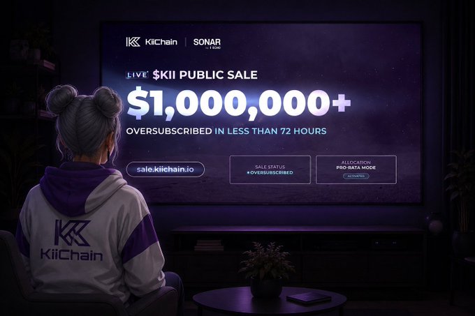 A KiiChain promotional advertisement showing a person in a KiiChain hoodie watching a screen announcing a "LIVE $KII PUBLIC SALE" that is "$1,000,000+ OVERSUBSCRIBED IN LESS THAN 72 HOURS."
