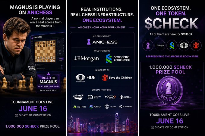 The image consists of three overlapping posts promoting a chess tournament with prizes. One of them features a man sitting at a chessboard, showcasing his skill against Magnus Carlsen. The other two posts are dedicated to the $1,000,000 CHECK Prize Pool and Road to Magnus, respectively. The top left post is sponsored by an institution named Anichess while the bottom middle one is sponsored by Jp Morgan. The bottom right post mentions that the tournament is on June 16 and highlights the importance of competing in this event for those interested in chess.