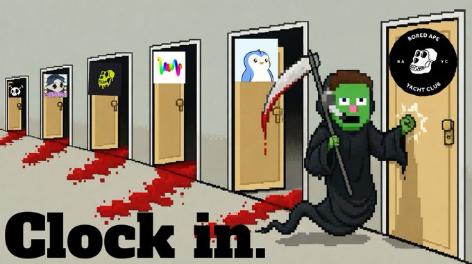 A grim reaper-like character with a scythe approaches doors adorned with NFT logos, with bloody footprints leading from each. The text "Clock in." appears at the bottom, suggesting impending doom or a new phase for NFT projects like the Bored Ape Yacht Club.