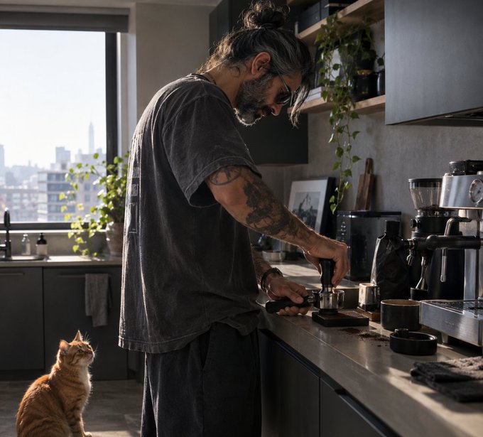 A bearded man with tattoos and his hair in a bun works at a kitchen counter preparing an espresso drink, while an orange tabby cat sits on the floor watching him.