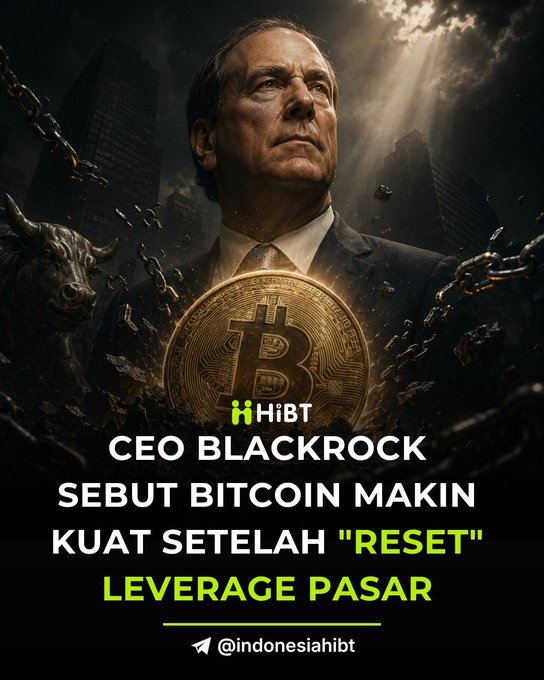 HiBT promotional graphic featuring BlackRock CEO Larry Fink with a Bitcoin coin, captioned in Indonesian: "CEO BlackRock Sebut Bitcoin Makin Kuat Setelah 'Reset' Leverage Pasar" (@indonesiahibt).