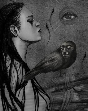 A black and white illustration of a woman with flowing hair looking up at a floating eye, with a raven perched on her shoulder and a beak nearby.