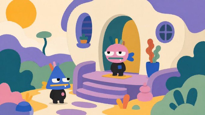 A whimsical illustration of two cartoon characters, a blue triangular figure and a pink creature, standing in front of a purple house with rounded architecture, in a vibrant pastel landscape, likely created as a promotional graphic for the "Hooties_eth" NFT giveaway competition.
