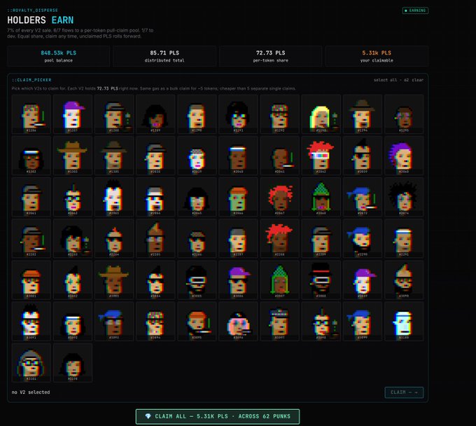 The screen displays a screenshot of the PulseChain website, which is focused on "Punks". The top section offers various options for viewing users' profiles or buying items. Below this, there's a section specifically dedicated to punk rockers that includes an array of images featuring different people in punk attire. It also contains information about how much each punk is worth and how purchases are made through the network. The website operates on a peer-to-peer model with all transactions being stored directly on the Blockchain, which enhances security and ensures transparent ownership of items.