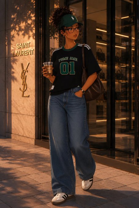 A stylish woman poses outside a Saint Laurent store, holding an iced coffee, wearing a "Three Three 01" jersey, denim jeans, and a green cap—capturing a relaxed, fashionable morning vibe perfect for greeting the "gm frens" and hopeful for end-of-week celebrations.