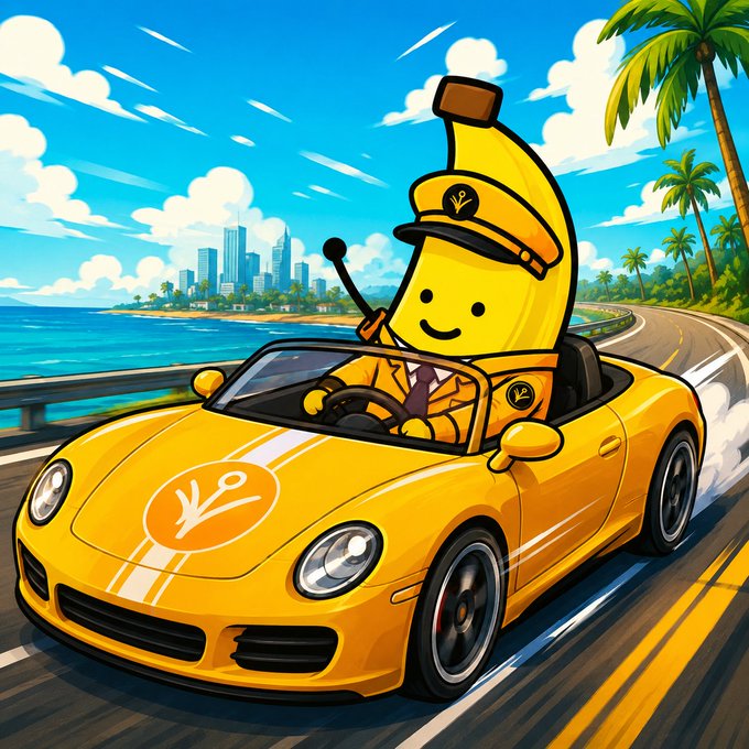 A cheerful banana wearing a captain's hat and tie drives a yellow sports car along a sunny coastal highway, matching the playful, adventurous spirit of BananaCoin's meme-driven community.