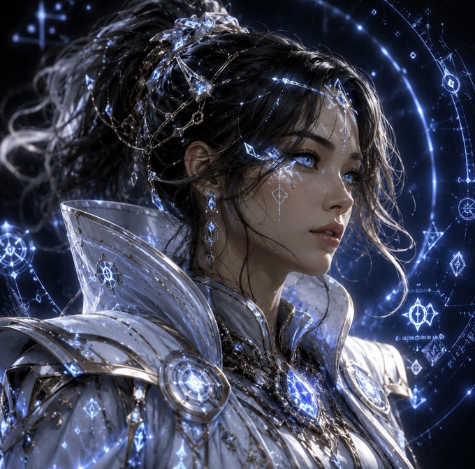 A fantasy digital artwork of an ethereal woman in ornate silver-white armor adorned with glowing blue gems and constellations, set against a starry cosmic background with magical runes.