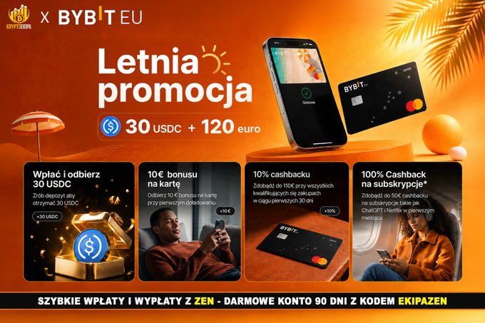 A Polish-language promotional banner from BYBIT EU offering a 'Letnia promocja' (Summer promotion) with 30 USDC + 120 euro and various cashback bonuses.