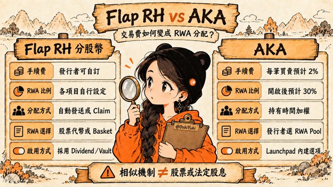 A comparison infographic 'Flap RH vs AKA' (交易費如何變成 RWA 分配?) detailing differences in fees, RWA ratios, distribution methods, and launches between Flap RH and AKA, noting they are not stock or legal dividends.