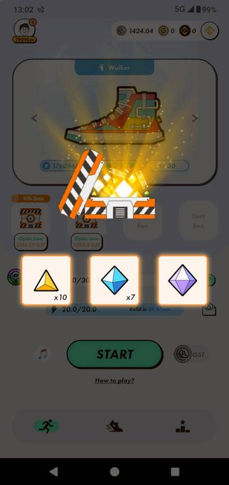 A STEPN game screen showing the opening of a Lv.3 "Walker" sneaker box at 13:02, with rewards of x10 yellow, x7 blue, and 1 purple GEMs displayed on screen, reflecting the 73% Lv.3 GEM drop rate mentioned in the post about opening boxes 132-133 on a sub-account.