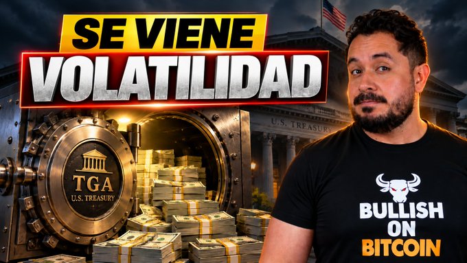A bearded man wearing a "BULLISH ON BITCOIN" t-shirt appears alongside bold Spanish text reading "SE VIENE VOLATILIDAD" (Volatility is Coming), set against a backdrop featuring the U.S. Treasury building, a vault filled with cash, and a "TGA - U.S. TREASURY" emblem, visually reinforcing the post's warning about upcoming market volatility tied to Treasury actions and Bitcoin's price hovering below $80,000 USD.