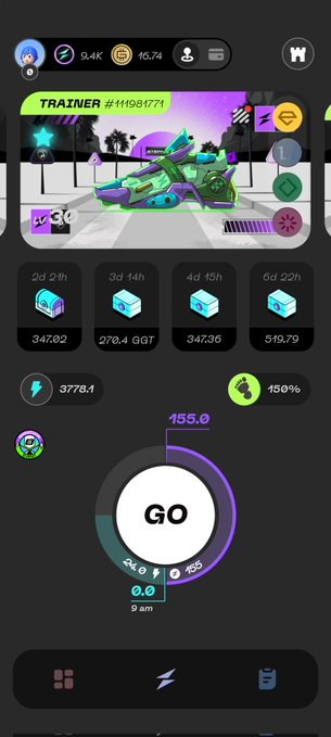 A mobile app game interface showing a trainer profile (#1198177) with a green futuristic vehicle/character, energy stats (3776.1, 150%), countdown timers for rewards, and a 'GO' action button with a progress circle.
