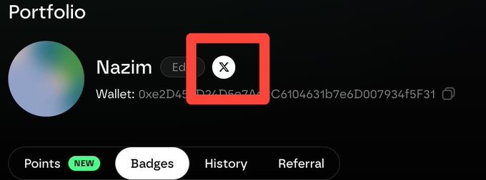 A screenshot of a portfolio section showing a user named 'Nazim' with a wallet address beginning in '0xe2D45', featuring a red box highlighting an unchecked checkbox icon, with navigation tabs for Points, Badges, History, and Referral below.