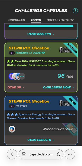 A 'CHALLENGE CAPSULES' screen shows STEPN POL ShoeBox tasks, including a pending challenge to earn 100+ GST/GMT (96/100 progress) and an ended challenge with winner 'zudebbun'.