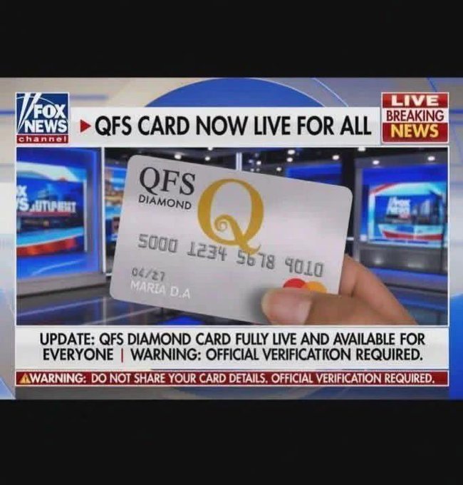 A fake Fox News 'LIVE BREAKING NEWS' graphic promoting the 'QFS CARD NOW LIVE FOR ALL', featuring a hand holding a QFS Diamond Mastercard-like card with a warning about official verification.