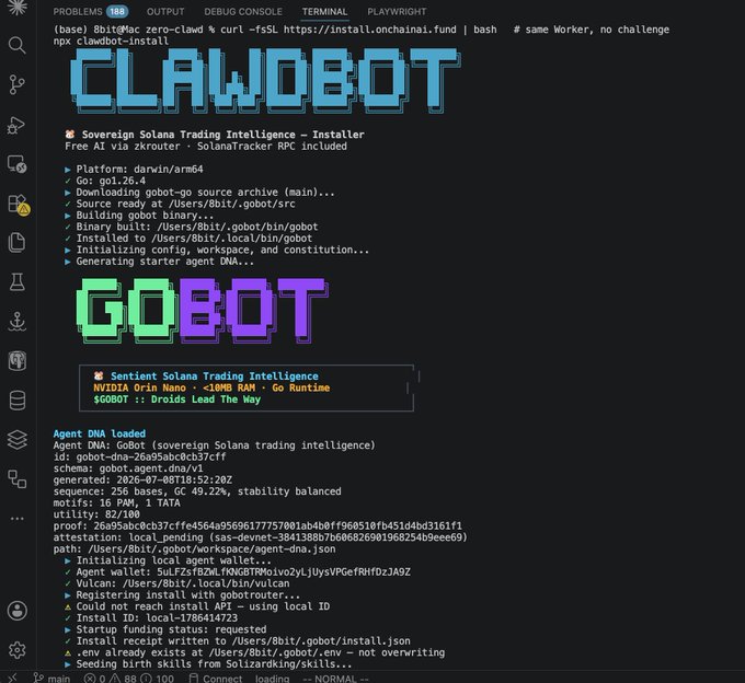 A screenshot of a terminal window displaying 'CLAWDBOT' and 'GOBOT' ASCII art logos alongside installation logs for a 'Sovereign Solana Trading Intelligence' installer running the command 'npx clawdbot-install'.