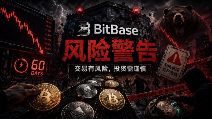 A BitBase promotional graphic with Chinese text '风险警告' (Risk Warning) showing cryptocurrency coins, a bear market image, and '60 DAYS' countdown display.