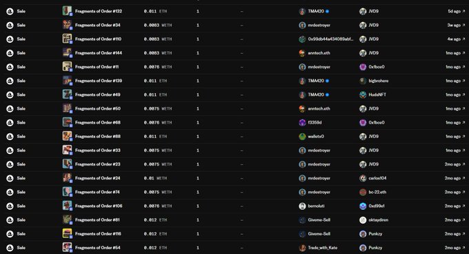 A dark-mode interface showing a list of NFT sales for 'Fragmentsof Order' with prices in ETH, user handles, and timestamps.
