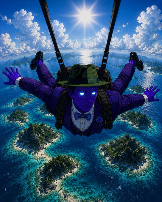 A stylized digital artwork of a purple-skinned figure wearing a green hat, purple suit, and bowtie, skydiving over a tropical ocean with bright blue waters and scattered islands.