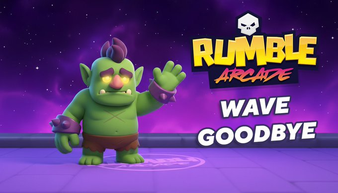 A green-skinned goblin character waves goodbye on the Rumble Arcade platform, paired with the text "WAVE GOODBYE," symbolizing the end of the game's operations and reflecting the post's sentiment about another closure in web3 gaming.
