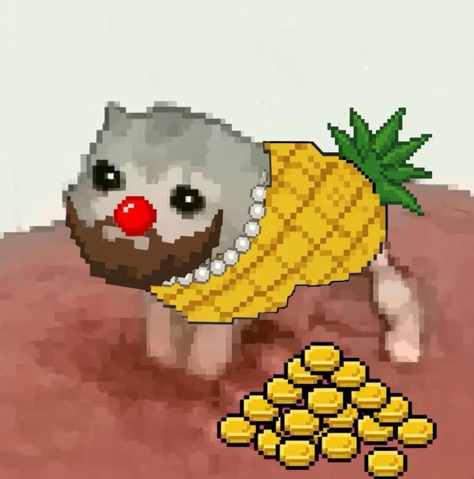 A pixel art illustration of a fluffy gray dog with a red nose, wearing a pearl necklace and dressed in a pineapple costume, sitting next to a pile of gold coins.