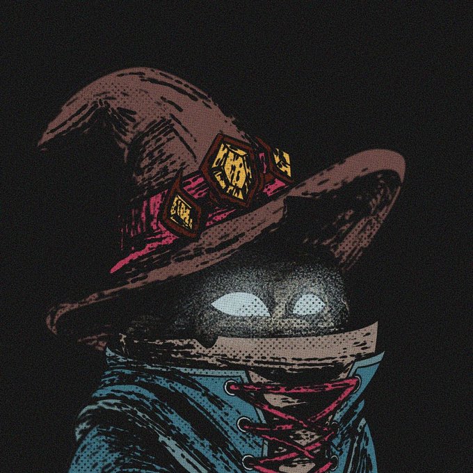 A comic-style illustration of a mysterious figure wearing a wide-brimmed hat with goggles, with glowing white eyes visible from beneath the brim.