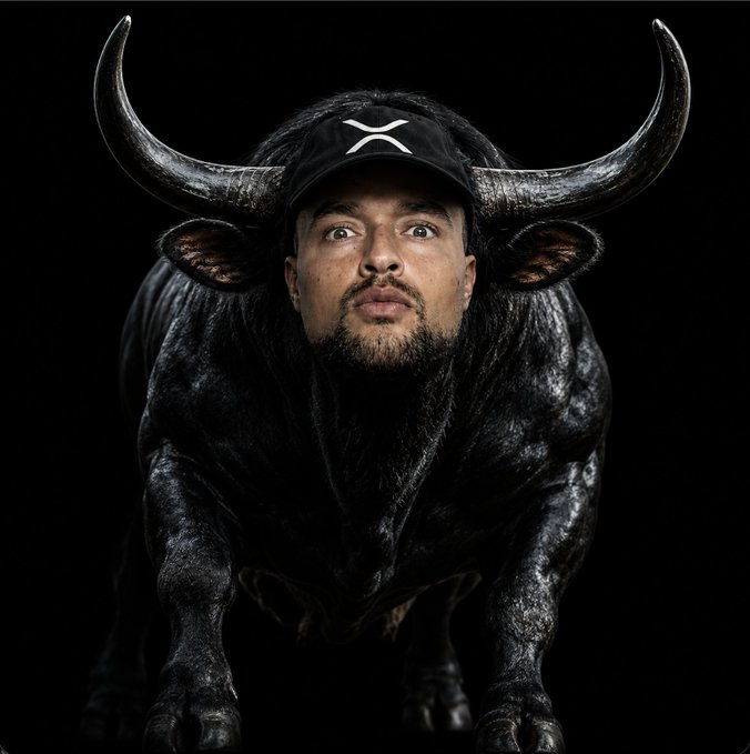 The image is a humorous Photoshopped portrait featuring a man's face superimposed onto the body of a black bull with large horns, wearing a black baseball cap emblazoned with the XRP logo (the white "X" symbol). The dark, dramatic lighting emphasizes the bull's powerful build and the man's intense expression, visually representing the "XRP Black Bull" character referenced in the post promoting the $STEPH token.