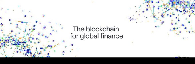 The image features an abstract digital pattern of connected nodes and dots in blue, green, and orange hues, with the central text reading "The blockchain for global finance," promoting Base as a blockchain platform. This visual branding reinforces the accompanying post's announcement about Base's potential airdrop and hints at a future network token, aligning with the project's positioning in the global finance space.