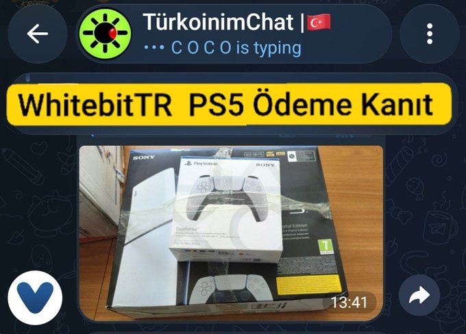 A Telegram chat screenshot from 'TürkoinimChat' showing a user named COCO sharing an image of a PS5 box with DualSense controllers, captioned 'WhitebitTR PS5 Ödeme Kanıt'.