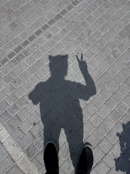 A shadow of a person wearing a cap is cast on gray paving stones as they flash a peace sign, with the photographer's black shoes visible at the bottom of the frame.