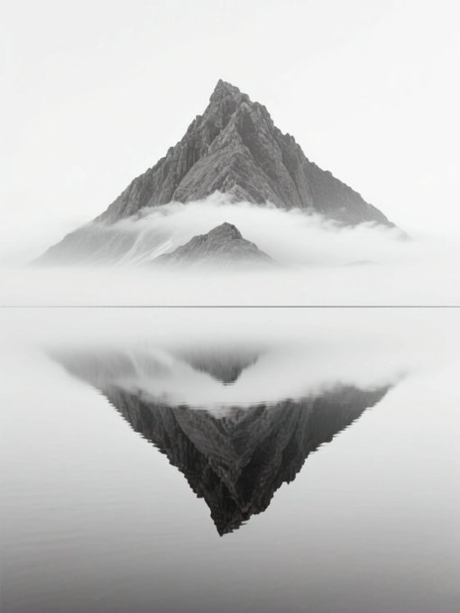 A grayscale image shows a misty, jagged mountain peak reflected perfectly in a still body of water, creating a diamond-like symmetrical composition.