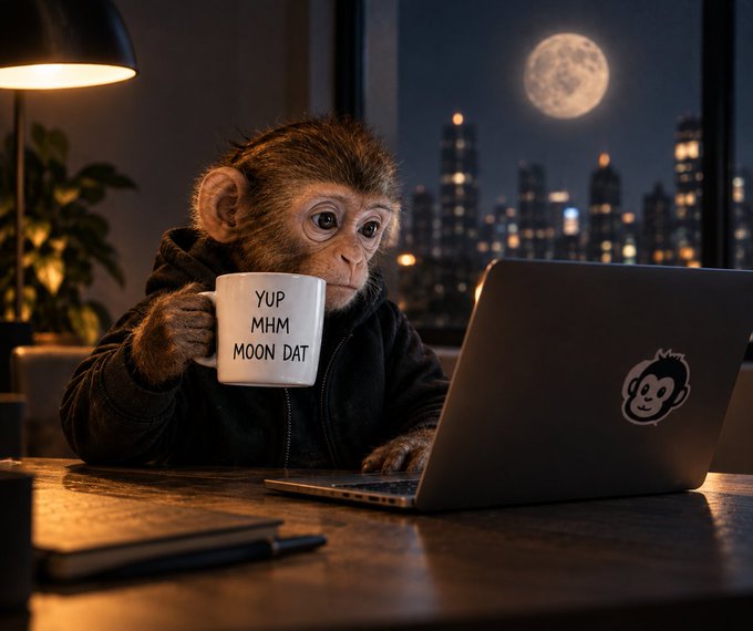 A young monkey wearing a dark hoodie sits at a wooden desk at night, holding a white mug that reads "YUP MHMM MOON DAT" while looking at a laptop displaying a cartoon monkey logo, with a full moon and city skyline visible through the window behind it.