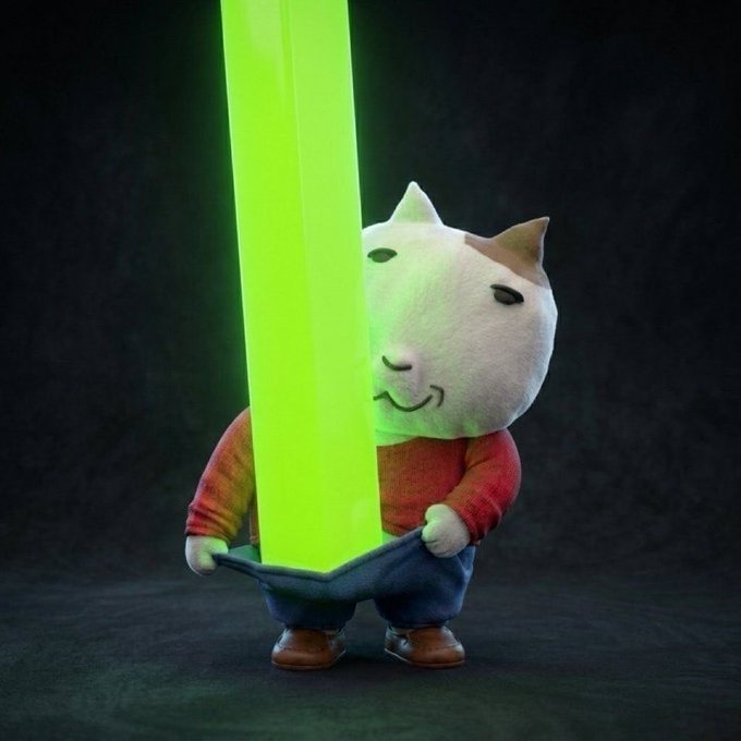 3D rendered figurine of a stylized cat character wearing a red shirt and blue pants, holding and peeking around a large glowing green sword.