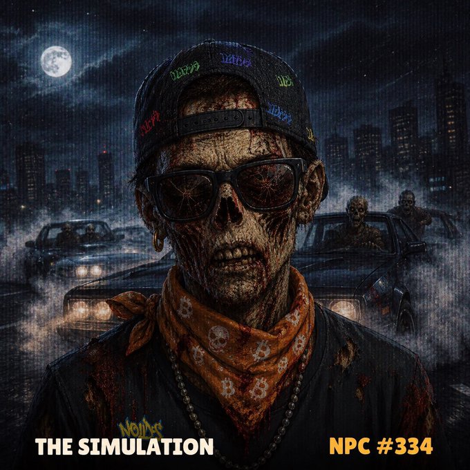 The image features a man dressed as a zombie, wearing sunglasses and a bandana with the word "BET" written on it. He appears to be standing next to a car that has the number "NCP-334" displayed on its side. The background of the image is dark and filled with smoke, giving the impression of a city street scene. The post also mentions an NFT for this particular image, which suggests that it might be related to a digital art piece or merchandise release.