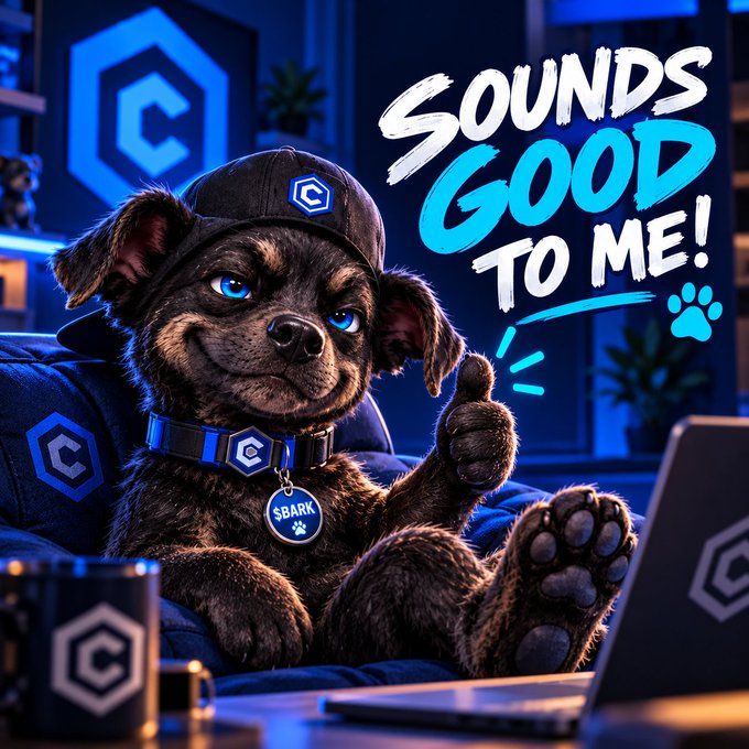 A promotional image of a cartoon black dog wearing a cap and collar with 'C' logos, giving a thumbs up next to a laptop with text 'SOUNDS GOOD TO ME!' and '$BARK'.