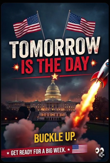 A dramatic promotional graphic features the U.S. Capitol building beneath two crossed American flags and the bold headline "TOMORROW IS THE DAY," with a launching rocket on the right and the tagline "BUCKLE UP" above a banner reading "GET READY FOR A BIG WEEK." The patriotic imagery visually reinforces the post's message about the Senate reconvening for a pivotal week of CLARITY Act negotiations.
