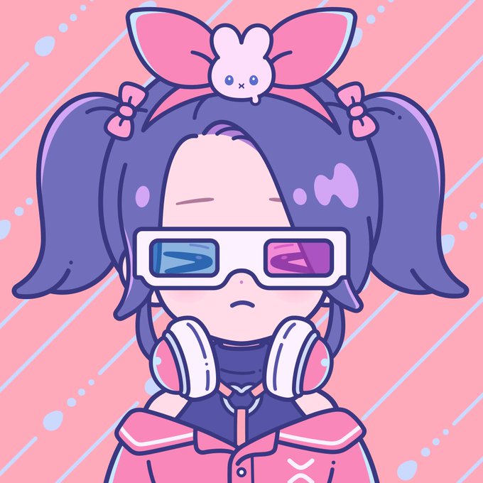 A chibi-style illustration of a girl with purple pigtails wearing pink bows, a bunny headband, and 3D glasses with blue and magenta lenses against a pink background.