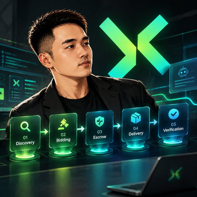 A promotional image showing a young man in a black jacket in front of a large green 'X' logo, with a workflow graphic illustrating steps: '01 Discovery', '02 Bidding', '03 Escrow', '04 Delivery', and '05 Verification'.