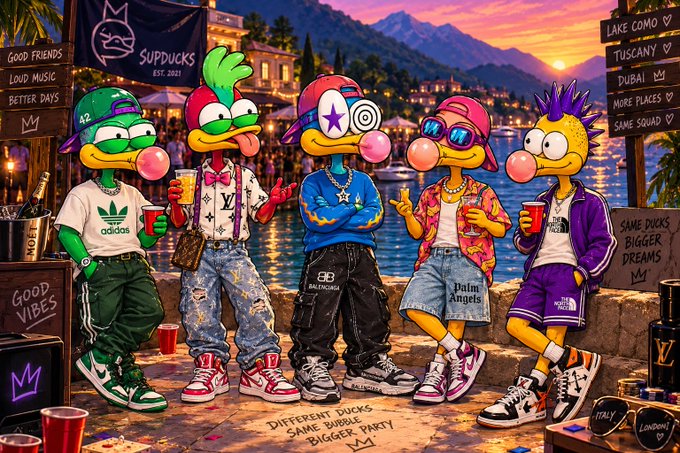 A colorful digital illustration shows five anthropomorphic ducks wearing trendy streetwear clothing, chewing bubble gum, and holding drinks on a stone pier with a sunset over water and mountains in the background.