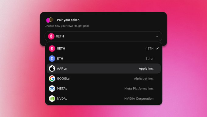 UI screenshot of a token pairing menu showing options for flETH (Ether), ETH, AAPLc (Apple Inc.), GOOGLc (Alphabet Inc.), METAc (Meta Platforms Inc.), and NVDAc (NVIDIA Corporation) on a pink gradient background.