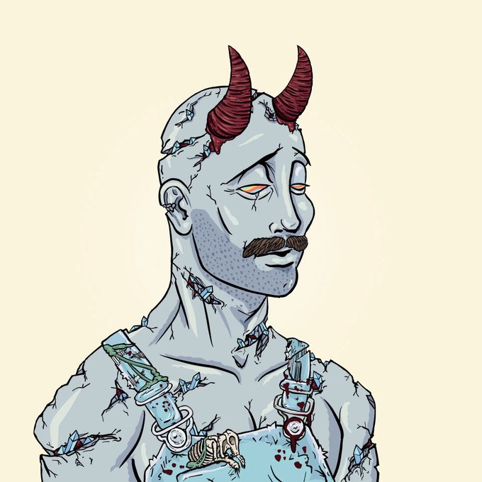 An illustrated portrait of a pale, muscular humanoid figure with red horns, a mustache, and glowing orange eyes, depicted with cracked skin, stitches, and what appears to be a backpack harness.