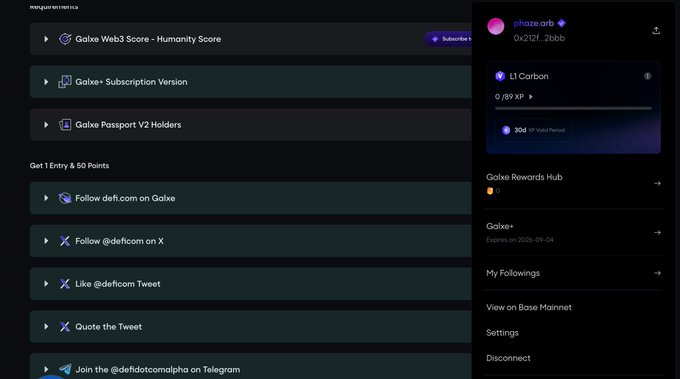 The image shows a Galxe profile page for user "phaze.rb" (0x2121...2bbb) at L1 Carbon tier with 0.789 XP and 306 XP until the next perk, alongside a list of requirements and tasks to earn 1 entry and 50 points—including following @deficom on Galxe and X, liking and quoting a tweet, and joining @defidotcomalpha on Telegram. This aligns with the post celebrating @deficom's launch on @Galxe, visually representing the platform where users complete these engagement tasks to support the ecosystem.