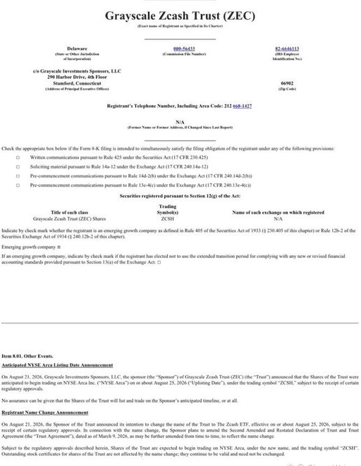 A regulatory filing document titled 'Grayscale Zcash Trust (ZEC)' detailing information about the trust, with the trading symbol 'ZCSH' and an 'Anticipated NYSE Arca Listing Date Announcement.'